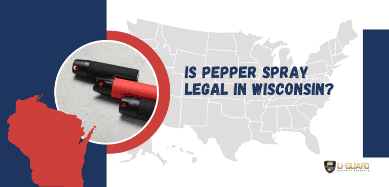 Is Pepper Spray Legal In Wisconsin? Blog post about Wi self defense laws on pepper spray. Pepper spray with image of the USA and Wisconsin State.