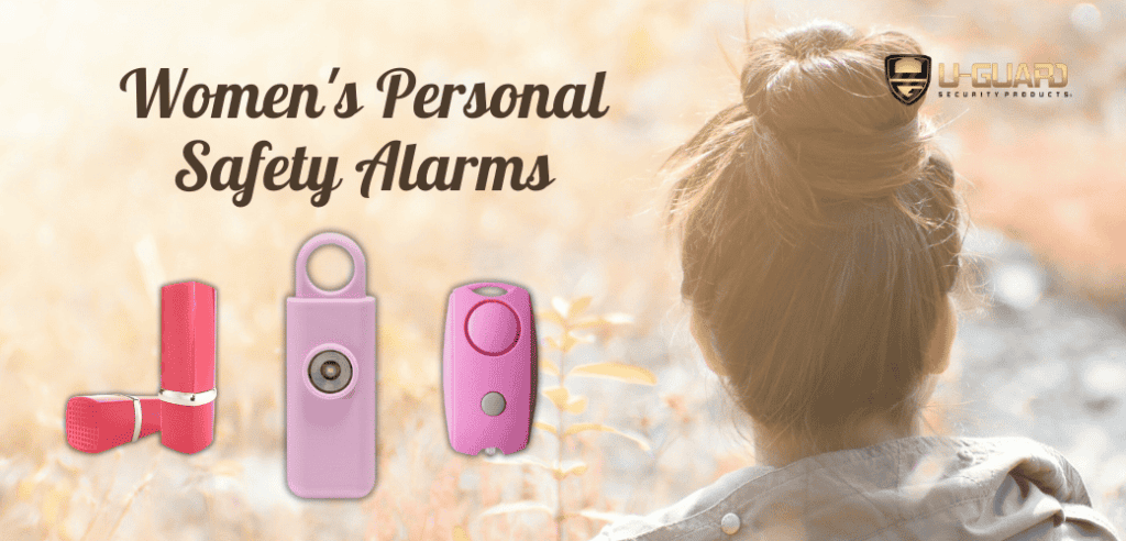Women's personal safety alarms. Blog post on information about personal alarms - image of a women and pink personal keychain alarms with article banner.