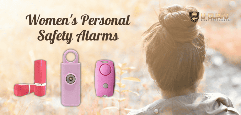 Women's personal safety alarms. Blog post on information about personal alarms - image of a women and pink personal keychain alarms with article banner.