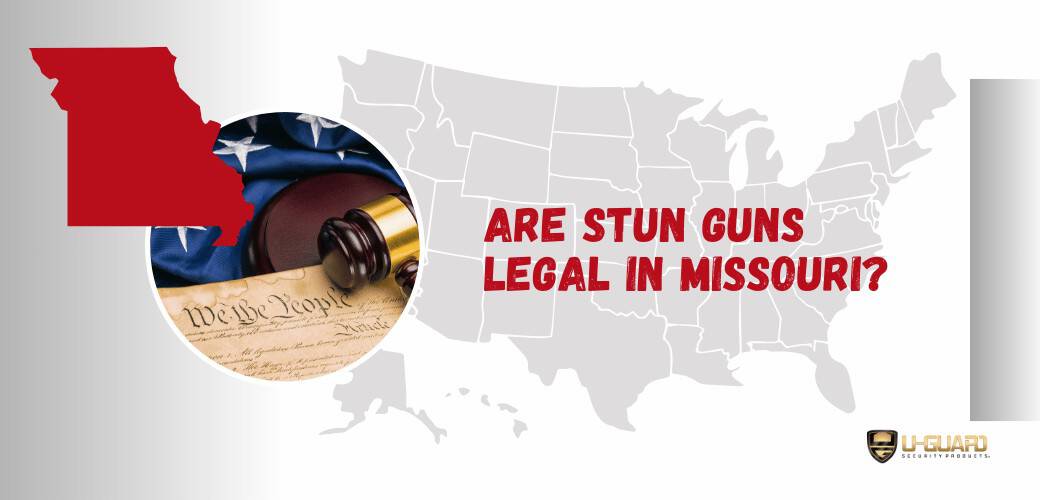 Are stun guns legal in Missouri? Blog banner with a picture of the USA map with a separate picture of the state of Missouri and a picture of the flag. color is Maroon, White Grey & Blue.