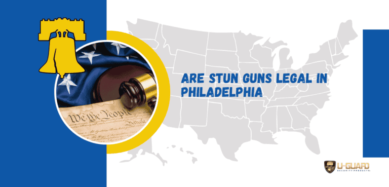 Are stun guns legal in Philadelphia. Image includes Librity bell with a background of the USA map and is blue, gold, grey and white with a flag.