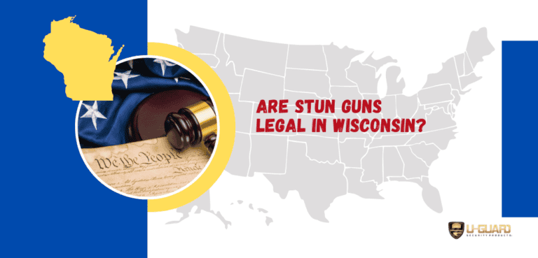 Information article banner image Are stun guns legal in Wisconsin. picture includes USA map with the state of Wisconsin map colors is blue, yellow, grey and white.