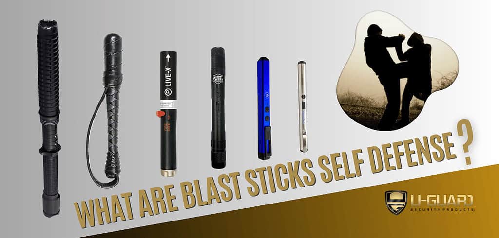 Blast sticks self defense - Hero banner for article gold and grey with images for pepper blast launcher, stun baton, stun pens, and similar item that are considered blast stick for less lethal personal self defense.