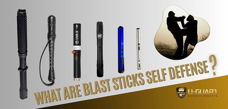 Blast sticks self defense - Hero banner for article gold and grey with images for pepper blast launcher, stun baton, stun pens, and similar item that are considered blast stick for less lethal personal self defense.