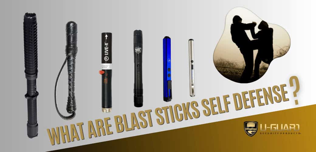 Blast sticks self defense - Hero banner for article gold and grey with images for pepper blast launcher, stun baton, stun pens, and similar item that are considered blast stick for less lethal personal self defense.