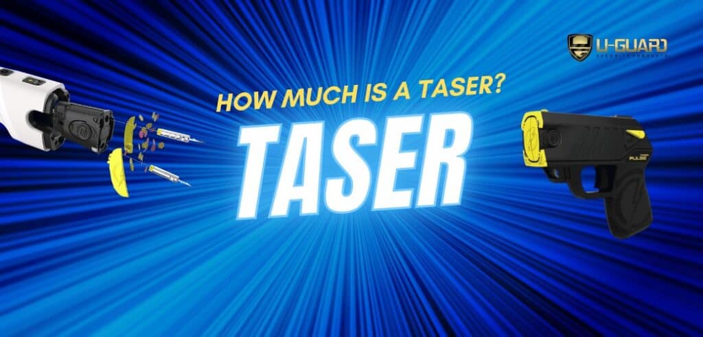 How much is taser? Information on the cost of taser image banner blue and white glowing starburst background with a Taser Pulse and Bolt Taser gun models images.