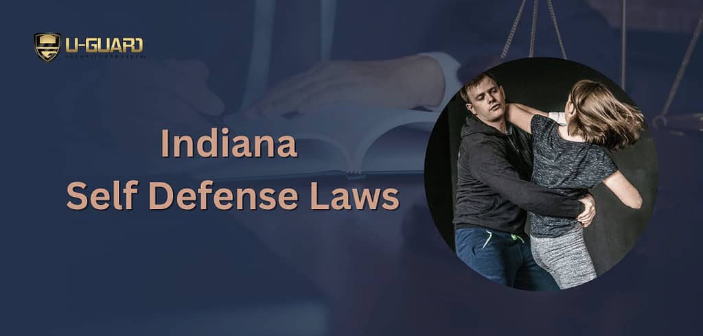 Indiana self defense laws. Image banner with the lawyer image in background and a women defending against a man with text.