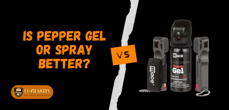 Is pepper gel or spray better? Black and Orange Banner with pepper spray vs pepper spray images by U-Guard Security Products.
