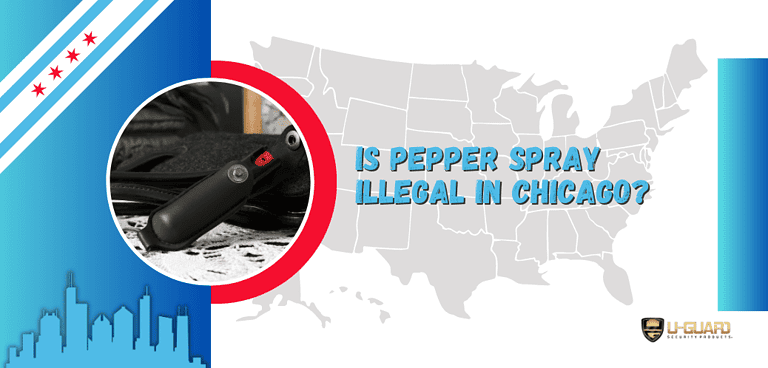 is pepper spray illegal in Chicago. Article banner image of USA map with a pepper spray canister and image of the city skyline, Light Blue, Red and White are the colrors.