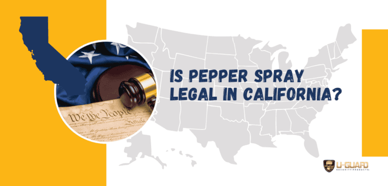 Is pepper spray legal in California. Information blog banner about pepper spray laws in CA. COlor Blue and Gold with CA State image and Image of USA Map.