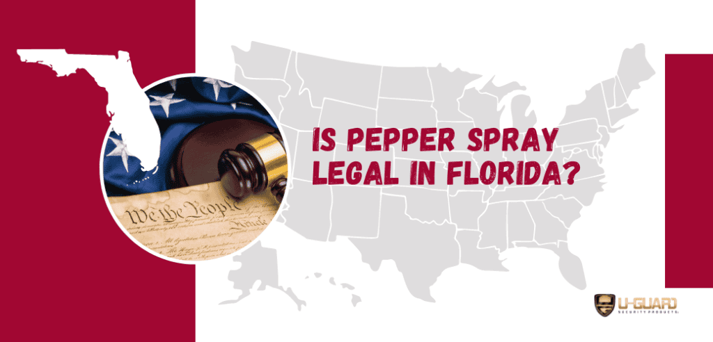 Information about If pepper spray legal in Florida. Image includes USA map and state of Florida Image with Red, White and gray coloring with a flag / partial constitution image.