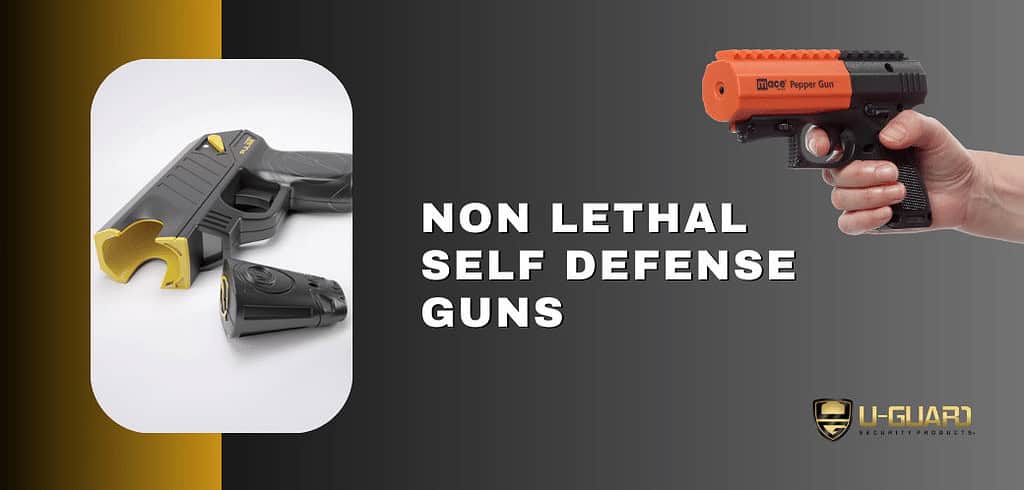 information banner image about non lethal self defense guns. Grey and gold ibacground with a picture of mace pepper spray gun along with a image of a Taser Pulse civilian gun with text.