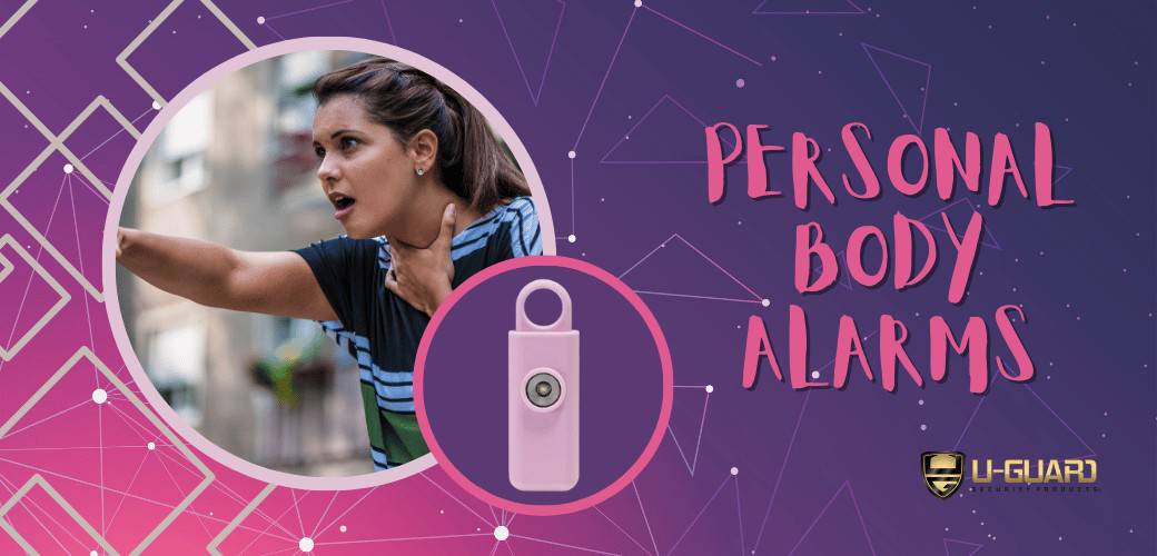 Personal body alarms. Blog article banner of a picture of a personal alarm and a women scared. Color is purple, pink and gray.