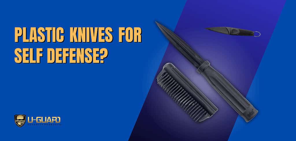 Plastic knives for self defense. Information page hero banner blue and yellow with a picture of a black hidden comb knife with yellow title text about the article information.