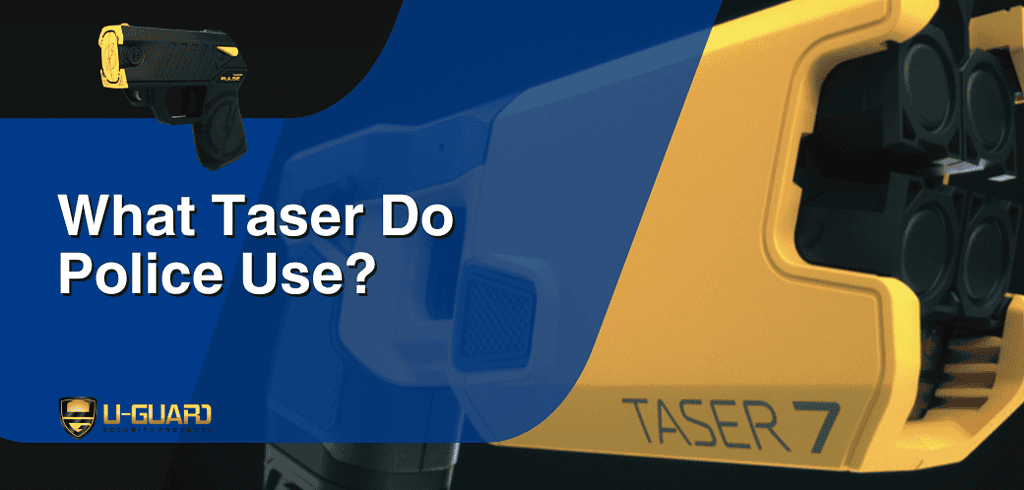 What taser do police use. Article image hero banner that is blue and black with a image of a Taser 7, and a Pulse Taser gun images. Taser colors are yellow and black with text in white of the article topic.