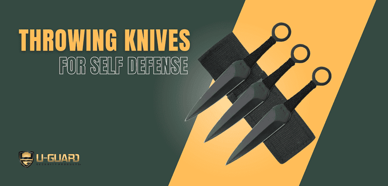 Throwing knives for self defense information. Image is green and yellow with text and 3 throwing knives and sheath for visual