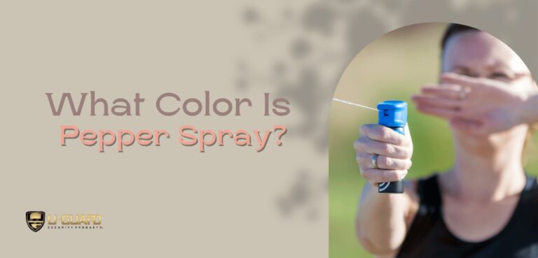 What color is pepper spray? Image banner of a women shooting pepper spray with headline and color is tan, orange and brown.