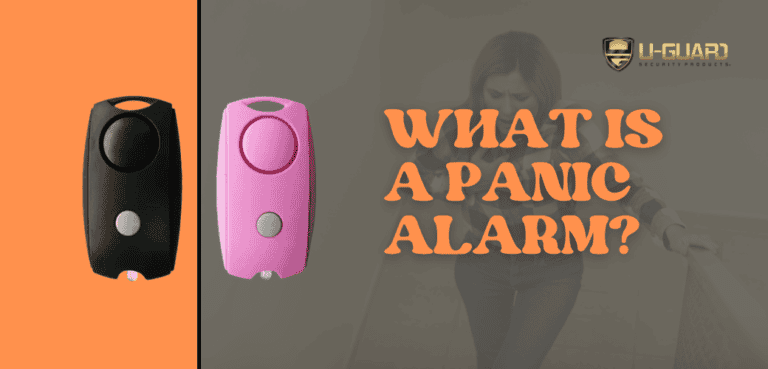 What is a panic alarm. Blog post image orange and brown with images of 2 keychain alarm one black and one pink. Image include headline copy.