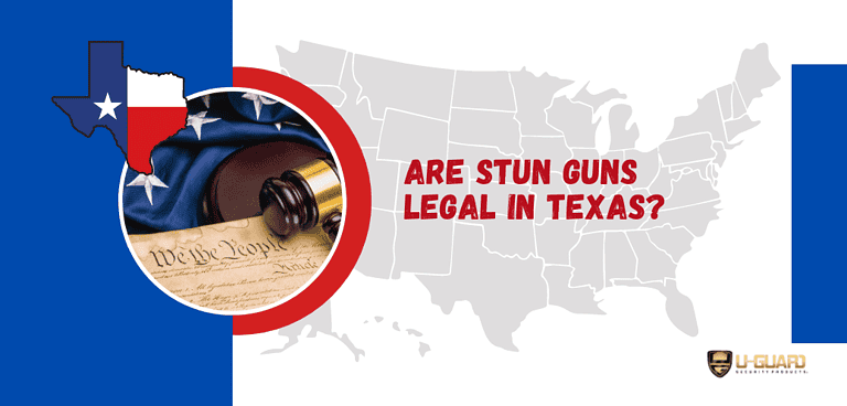 Are stun guns legal in Texas? Banner for detailed blog post image is us map with Texas state separated color i Red, White & Blue with text and copy on the article topic.
