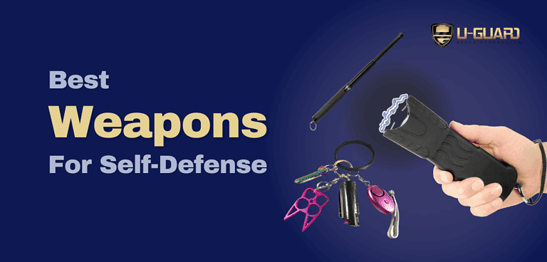 best weapons for self defense Blog banner with images of pepper spray keychain, stun gun and other small less lethal weapons background is dark blue with yellow text.