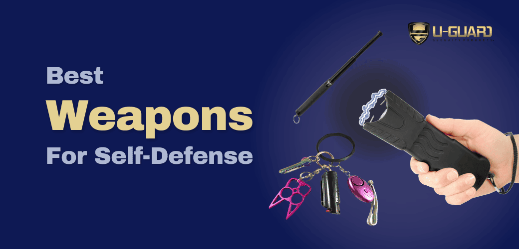 best weapons for self defense Blog banner with images of pepper spray keychain, stun gun and other small less lethal weapons background is dark blue with yellow text.