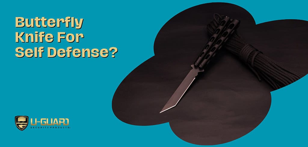 butterfly knife for self defense Blog article banner with text in yellow and teal background with a image of a butter fly knife open on a table.