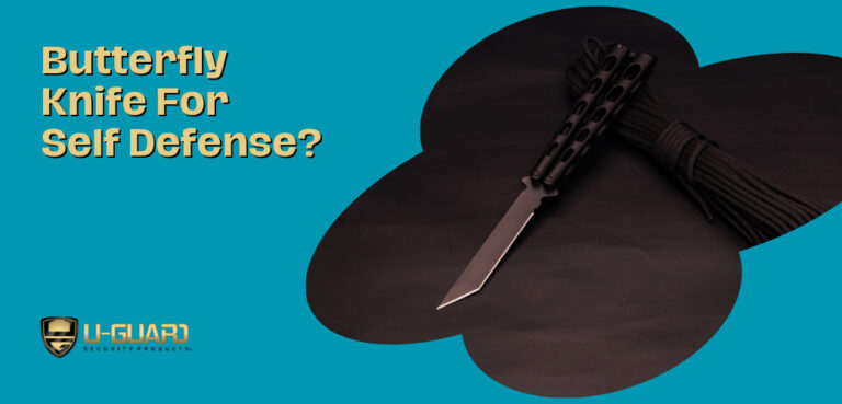 butterfly knife for self defense Blog article banner with text in yellow and teal background with a image of a butter fly knife open on a table.