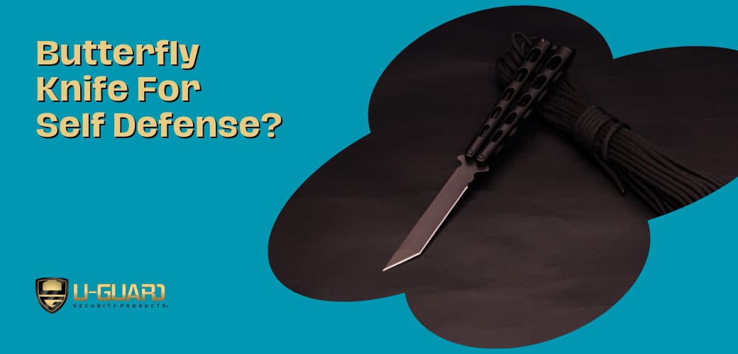 butterfly knife for self defense Blog article banner with text in yellow and teal background with a image of a butter fly knife open on a table.
