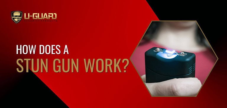 how does a stun gun work blog post banner. Black and red background with gold and white text and a image of a women hands holding a active mini stun gun that is sparking.