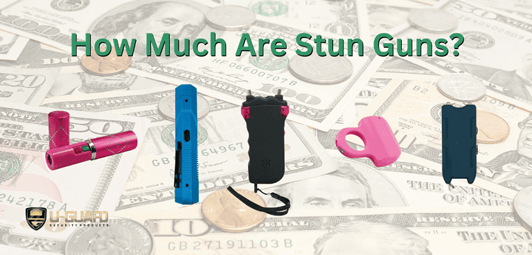 how much are stun guns blog post banner with a byground of dollars and change with copy and several styles of stun guns, stun ring, stun flashlight, pink stun guns and mini stun guns.