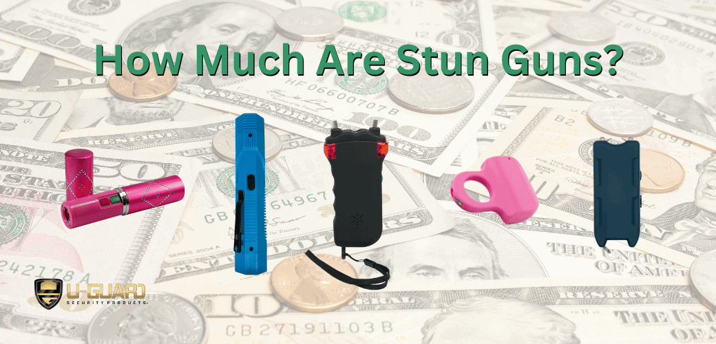 how much are stun guns blog post banner with a byground of dollars and change with copy and several styles of stun guns, stun ring, stun flashlight, pink stun guns and mini stun guns.