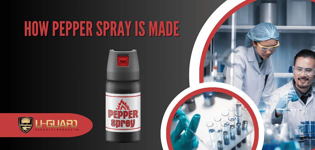 how pepper spray is made. Information article banner with a image of chemist with a canister of pepper spray with text. Image in red and gray background.