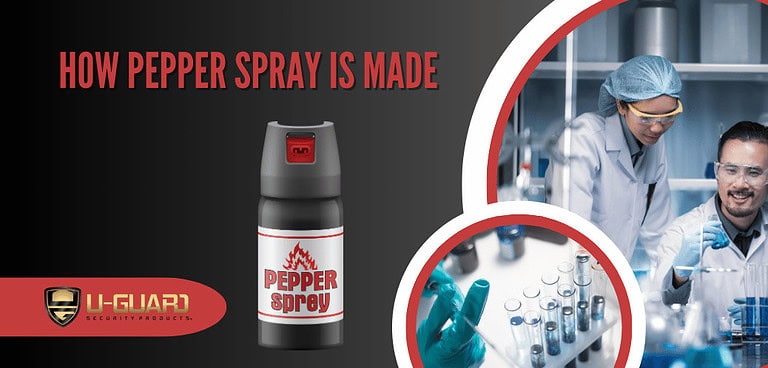 how pepper spray is made. Information article banner with a image of chemist with a canister of pepper spray with text. Image in red and gray background.