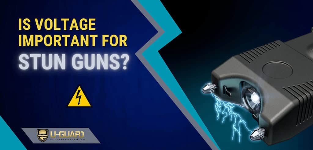 is voltage important for stun guns. Blg Banner image with a stun gun and text. Background color is dark blue, grey and light blue lightning bolt.