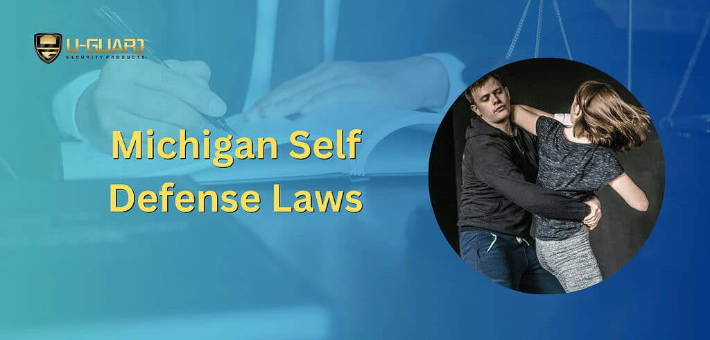 Michigan self defense laws article page banner blue and yellow with text.image of lawery to represent legal and women defending herself.