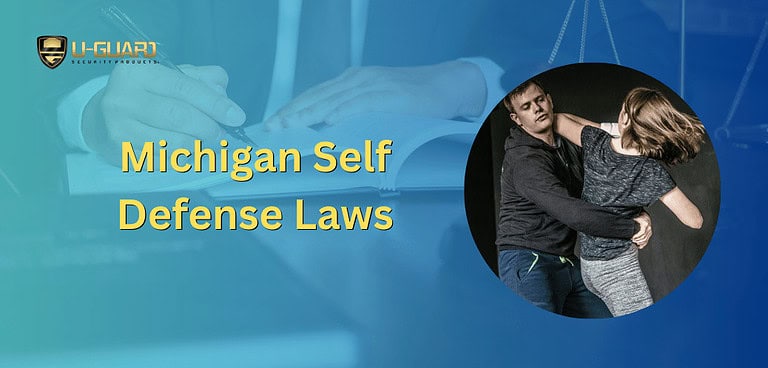 Michigan self defense laws article page banner blue and yellow with text.image of lawery to represent legal and women defending herself.