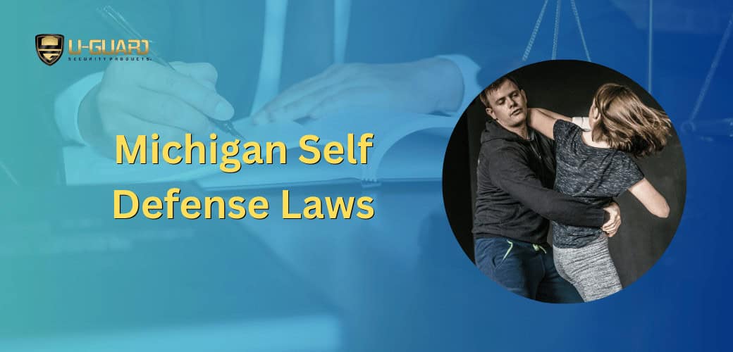 Michigan self defense laws article page banner blue and yellow with text.image of lawery to represent legal and women defending herself.