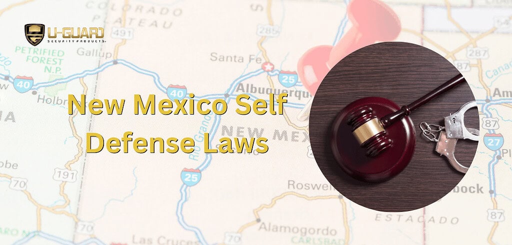 New Mexico self defense laws article banner image of the state with a court gavel and copy in yellow.