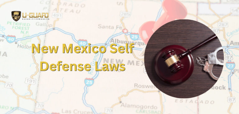 New Mexico self defense laws article banner image of the state with a court gavel and copy in yellow.
