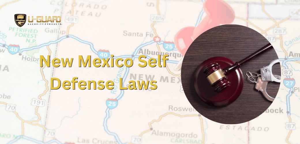 New Mexico self defense laws article banner image of the state with a court gavel and copy in yellow.