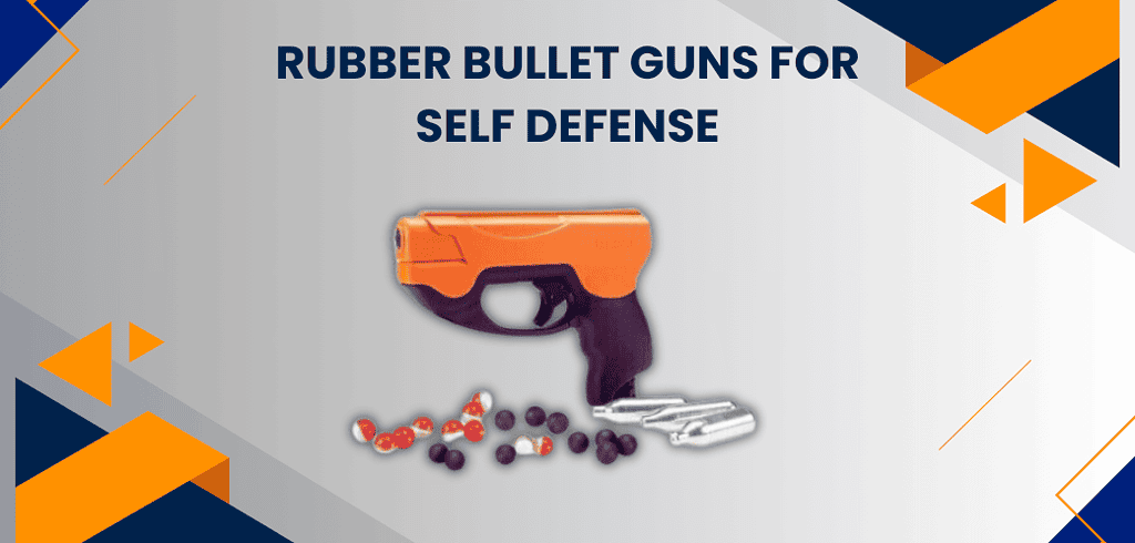 rubber bullet guns for self defense banner with a orang and black co2 rubber ball gun with copy and grey and blue background.