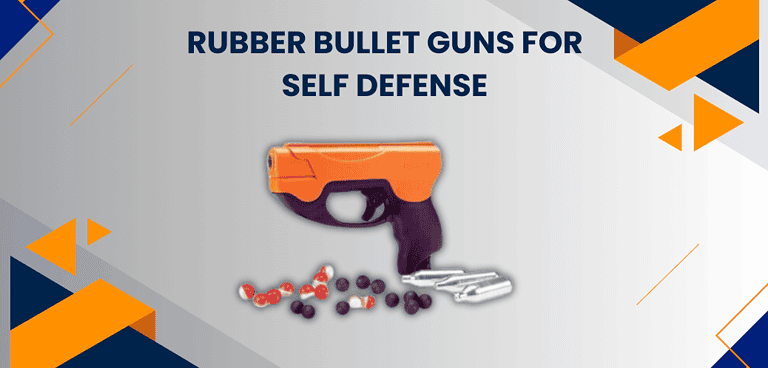 rubber bullet guns for self defense banner with a orang and black co2 rubber ball gun with copy and grey and blue background.