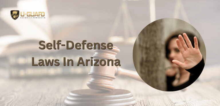 self defense laws in Arizona article banner with copy and image of women with hand up and legal image background coloring is browns and tans.