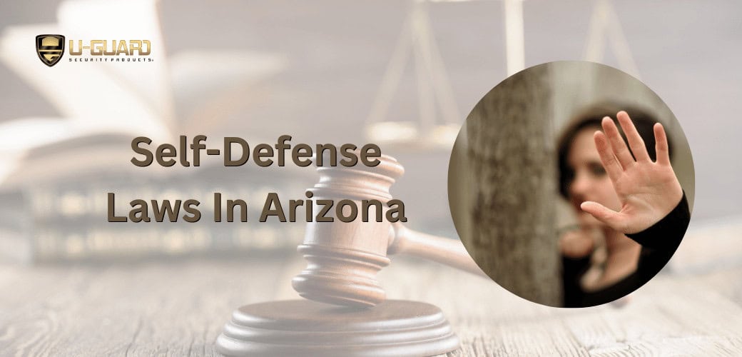 self defense laws in Arizona article banner with copy and image of women with hand up and legal image background coloring is browns and tans.