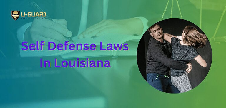 Self defense laws in Louisiana blog post banner purple, green and oldwith text andimage of a owmen defending herself with a back ground image of a lawyer