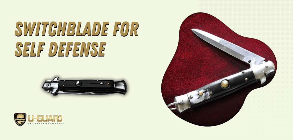 switchblade for self defense. Blog post banner image of a open switch blade knife and one that is closed with copy.