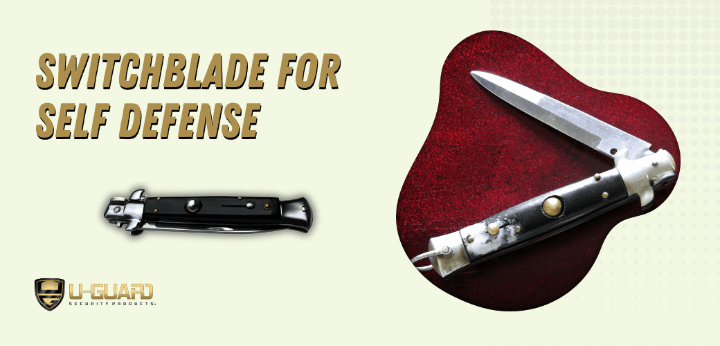 switchblade for self defense. Blog post banner image of a open switch blade knife and one that is closed with copy.