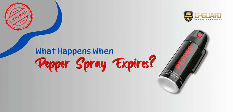 what happens when pepper spray expires blog post banner gray with a can of pepper sprat and blue and red copy.