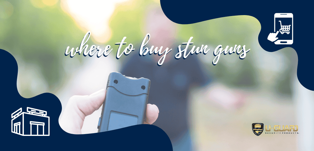 Where to buy a stun gun. Information post banner with a mini stun gun in hand, cop and blue backwound